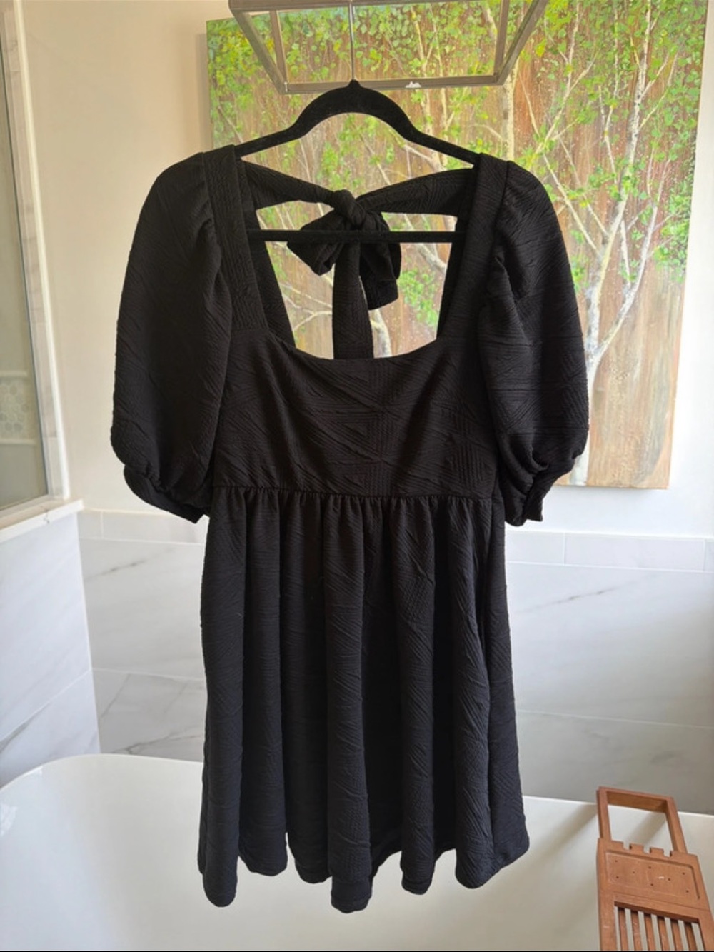 Free People Black Puff-Sleeve Tie-Back Mini Dress